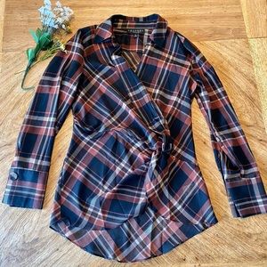 EUC LAUNDRY Plaid Black Brown & Burnt Orange Sheer Blouse - M
